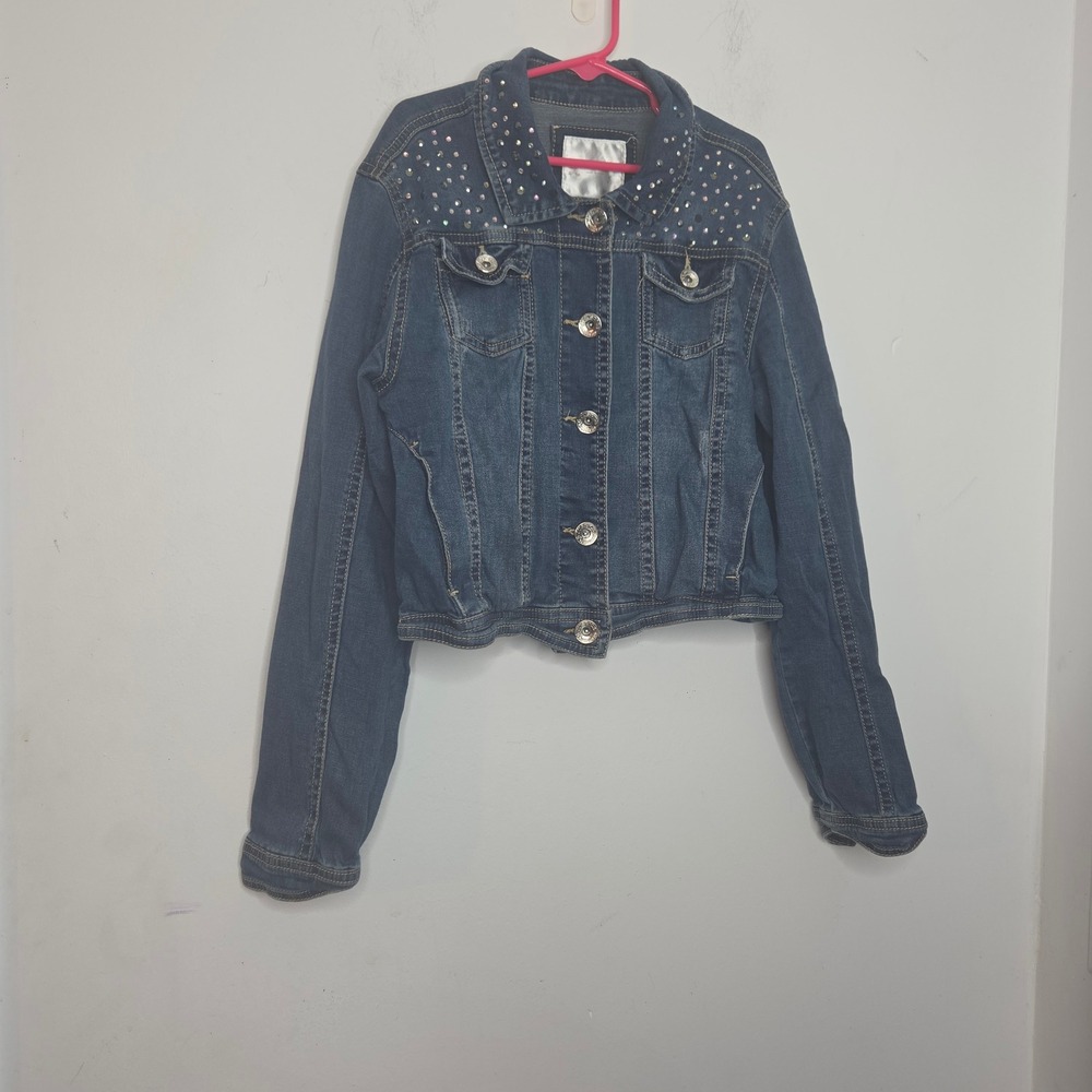 Justice Girls Blue Denim Cropped Jacket Rhinestone Embellished Size 12